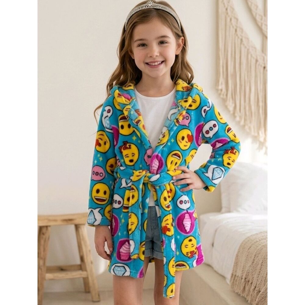 Emoji Plush Furry Fleece Blue Hooded Bathrobe Girls XS 4 Tie Robe Colorful Cute